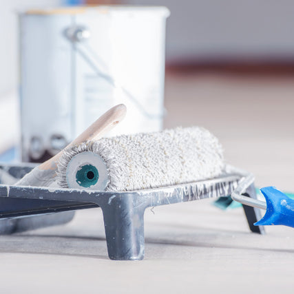 Paint & SuppliesA white paint roller in a paint tray