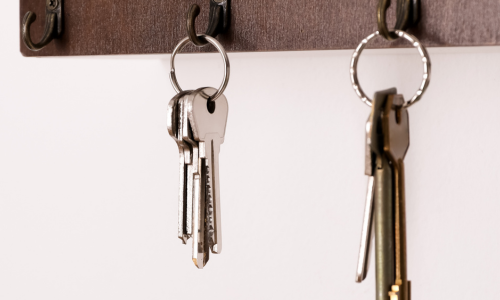 Keys hanging on a wall rack