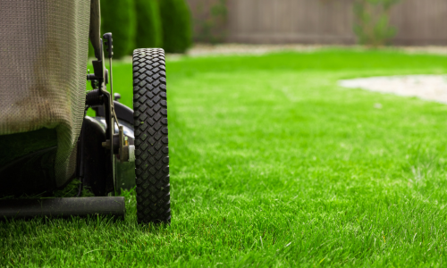 A close up of a lawn mower wheel 