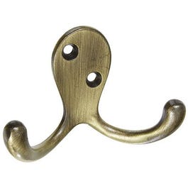 Robe Hook, Double-Prong, Antique Brass