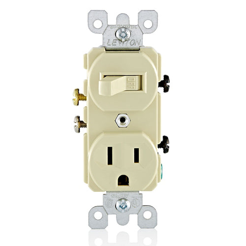 Leviton 15 Amp, 120 Volt, Duplex Style Single-Pole / 5-15R AC Combination Switch, Commercial Grade, Grounding, Side Wired, Ivory